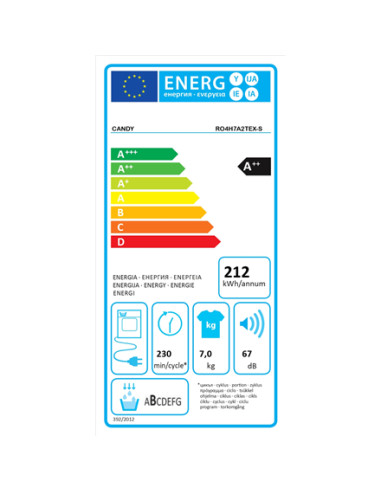 Candy | Dryer Machine | RO4 H7A2TEX-S | Energy efficiency class A++ | Front loading | 7 kg | LCD | Depth 46.5 cm | Wi-Fi | White