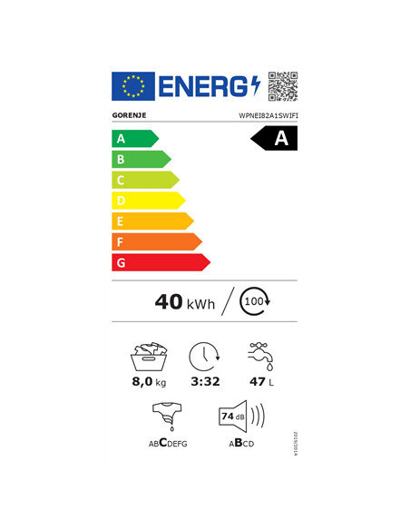 Gorenje Washing machine | WPNEI82A1SWIFI | Energy efficiency class A | Front loading | Washing capacity 8 kg | 1200 RPM | Depth 