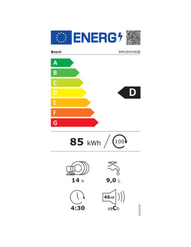 Dishwasher | SMV2HVX02E | Built-in | Width 59.8 cm | Number of place settings 14 | Number of programs 5 | Energy efficiency clas