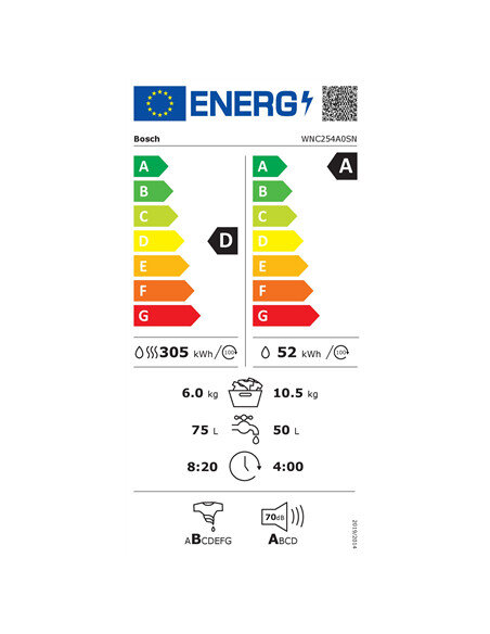 Bosch | Washing Machine with Dryer | WNC254A0SN | Energy efficiency class D | Front loading | Washing capacity 10.5 kg | 1400 RP