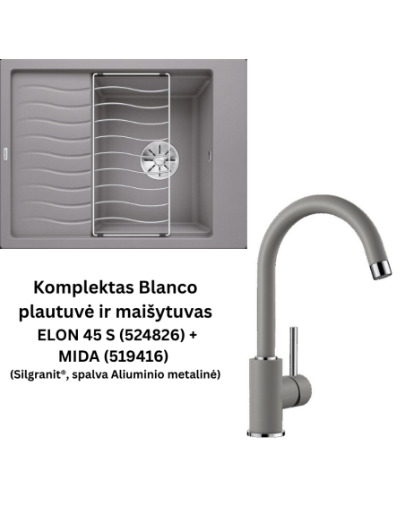 Komplektas plautuvė ir maišytuvas BLANCO ELON 45 S (524826) + BLANCO MIDA (519416) (Silgranit®, Aliuminio metalinė)