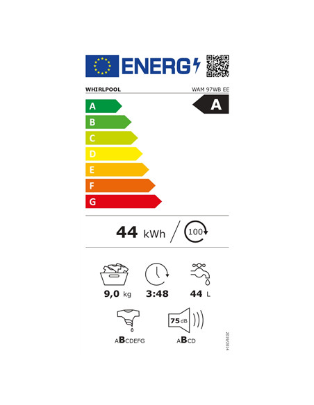 Whirlpool | Washing machine | WAM 97WB EE | Energy efficiency class A | Front loading | Washing capacity 9 kg | 1400 RPM | Depth